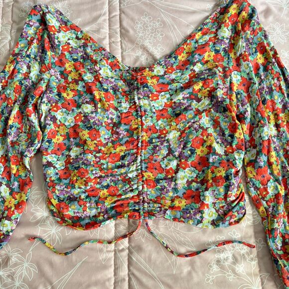 Floral Print Blouse With Drawstring Long Balloon Sleeves Size Large H&M - Picture 7 of 9